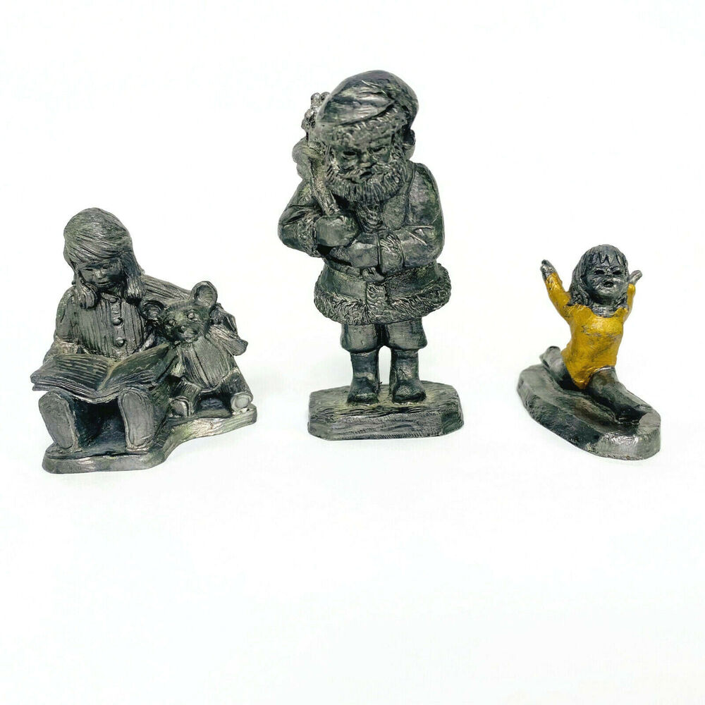 Michael Ricker Pewter Santa Clause Gymnast Girl Reading to Teddy Bear Lot of 3
